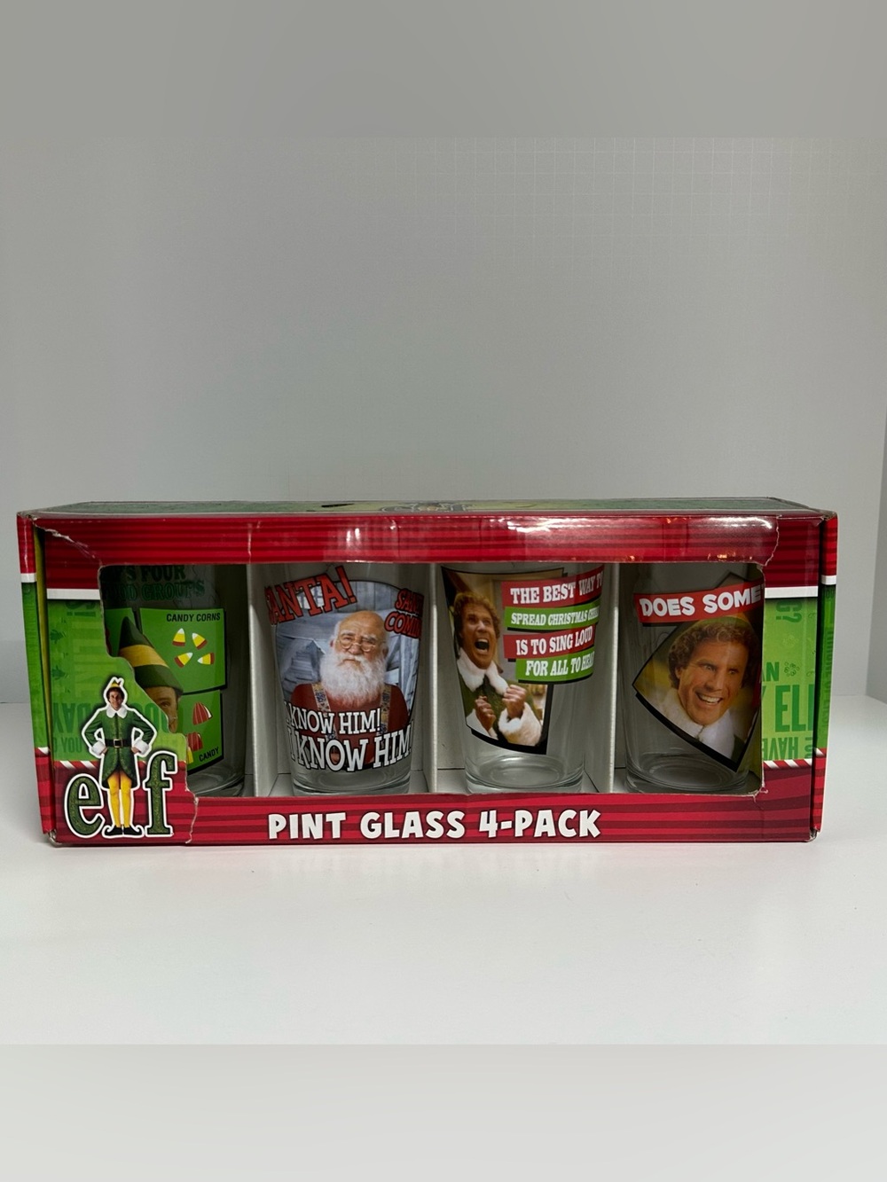 ELF Movie Pint Glass 4-Pack with Green, Red, White Accents